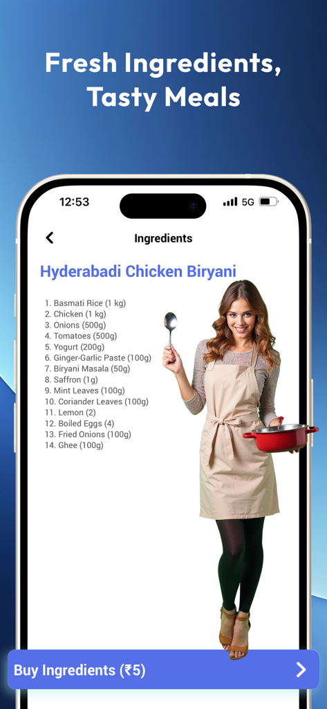Zoti app screen showing the ingredients list for Hyderabadi Chicken Biryani with a buy ingredients button