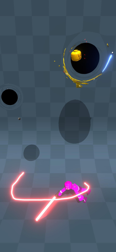 Draw Block Gladiator - Un personnage gladiateur rose attaque une tête d'ennemi jaune en dessinant un chemin rouge lumineux sur une grille à damier.