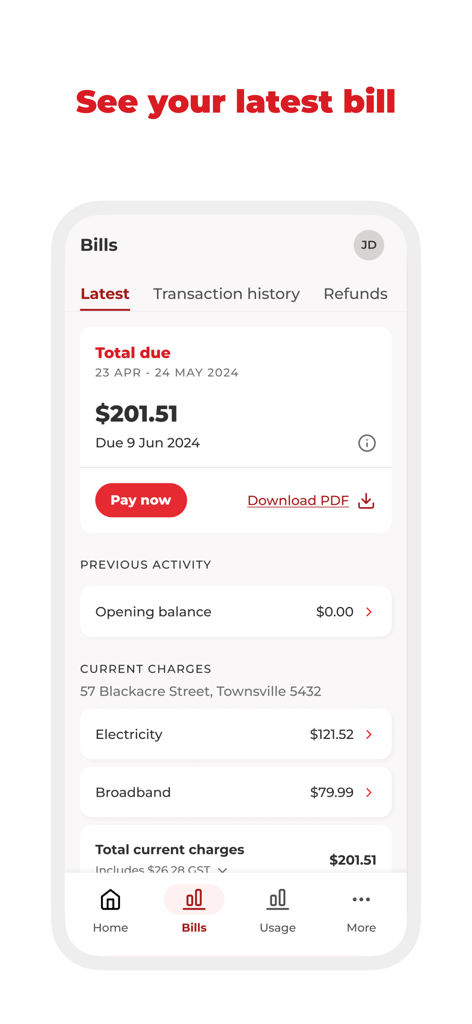 Contact Energy app interface showing the latest bill summary with total due and payment options