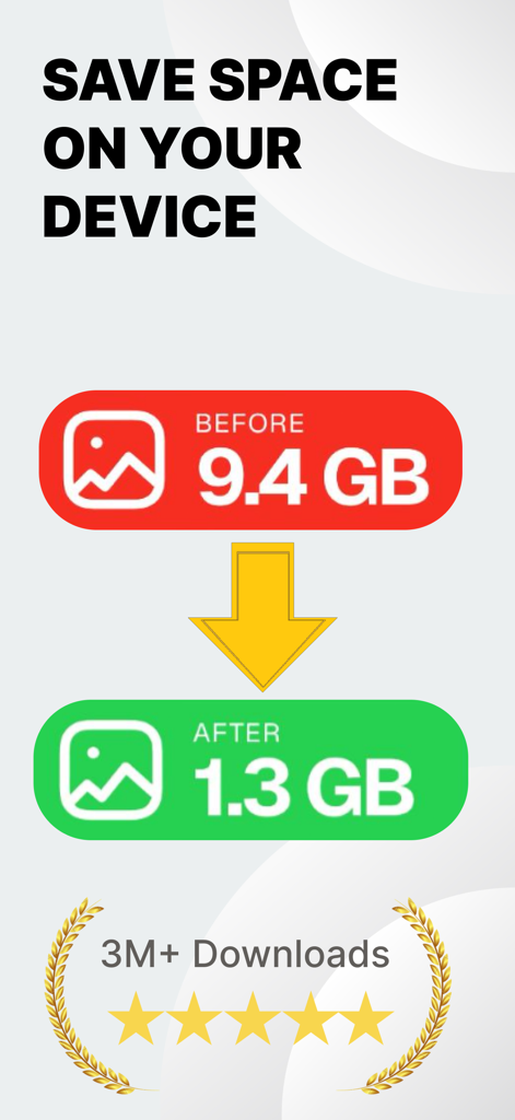 Graphic showing storage space reduction from 9.4 GB to 1.3 GB using CompressX to save device space.