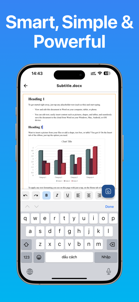 Pantalla del iPhone mostrando la interfaz de la aplicación Word Editor mientras edita un documento con un gráfico de barras y herramientas de formato de texto