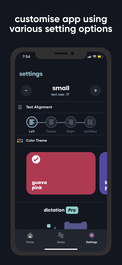 Tela de configurações do aplicativo Transcribe mostrando opções de personalização de alinhamento de tamanho de texto e tema de cores