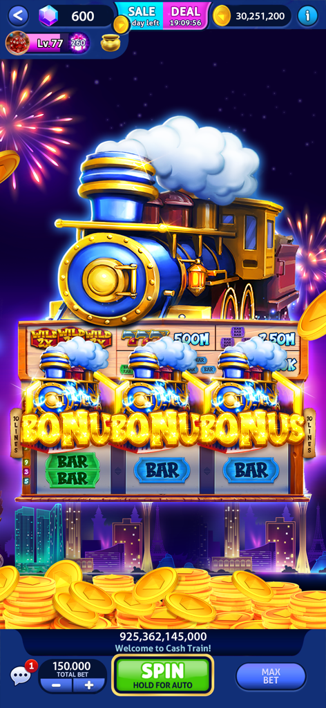 Cash Billionaire casino games - Una pantalla de juego de casino Cash Billionaire con una máquina tragamonedas de tren de vapor azul con una gran notificación de bono y una pila de monedas de oro.