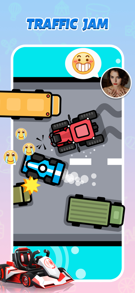 CoPlay: 2 Player Games Offline - CoPlay 앱의 Traffic Jam 미니게임 상단 보기. 이모티콘 반응이 있는 도로의 자동차가 표시됩니다.