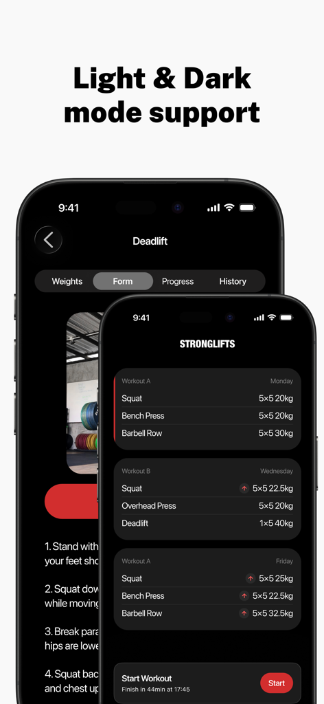 Interfaz de la aplicación Stronglifts 5x5 que muestra el soporte del modo oscuro y los planes de entrenamiento