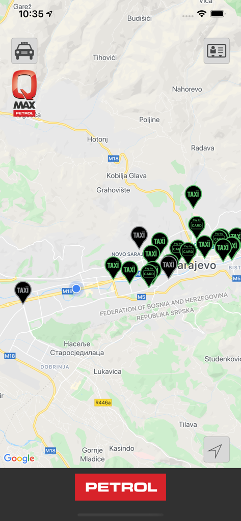 mojTaxi Touch ‘n’ Go - Real-time map view showing available taxis in Sarajevo with card payment options in the mojTaxi app