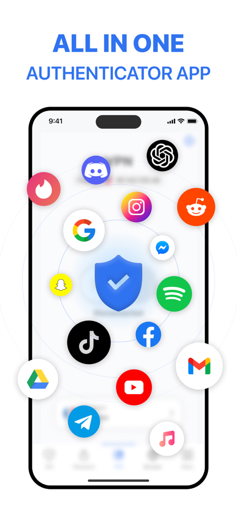 Authenticator App FastOTP interface showing security for various popular mobile applications