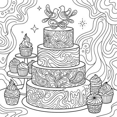 Embark on an extraordinary coloring journey with this mesmerizing psychedelic wedding cake design, where traditional elegance meets a swirl of surreal patterns. Unleash your creativity by adding vibrant hues to this trippy celebration of love and art.