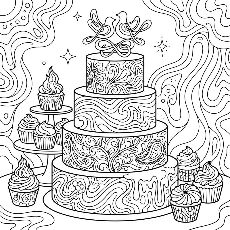 Embark on an extraordinary coloring journey with this mesmerizing psychedelic wedding cake design, where traditional elegance meets a swirl of surreal patterns. Unleash your creativity by adding vibrant hues to this trippy celebration of love and art.