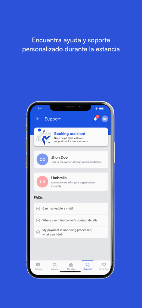 Arribo - Support screen of the Arribo app featuring a booking assistant, contact options, and FAQs for international stays.