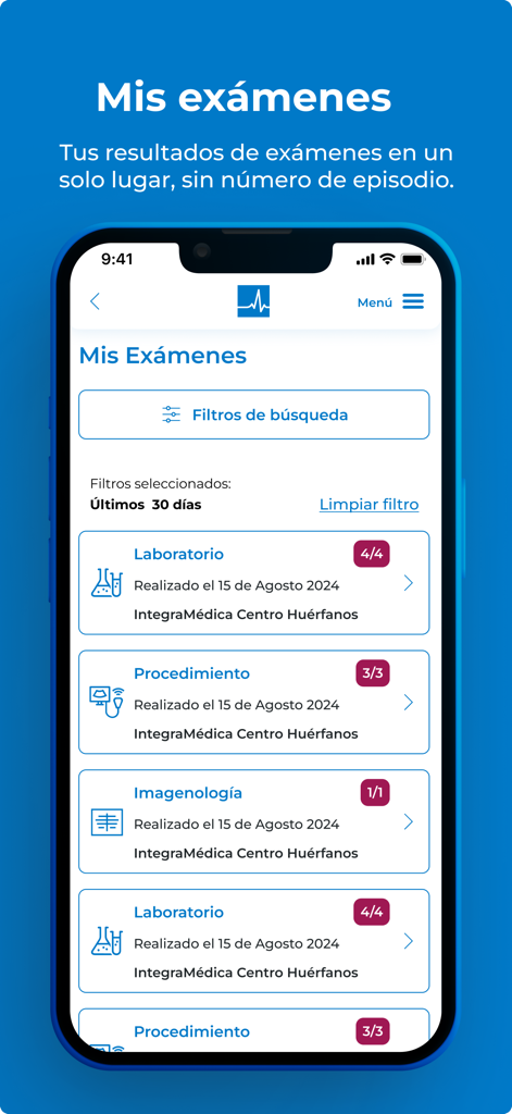 Mi Portal Bupa - Pantalla de la aplicación móvil Mi Portal Bupa que muestra una lista de resultados de exámenes médicos con categorías como laboratorio e imágenes