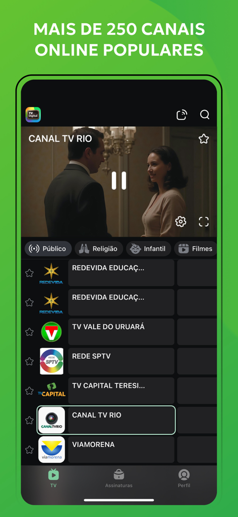 Interface of the TV Digital app showing a live Brazilian TV stream and a list of popular channels
