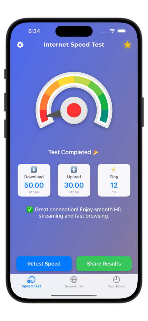 Test Speed: WiFi & Internet - Mobile app interface displaying internet speed test results including download speed upload speed and ping