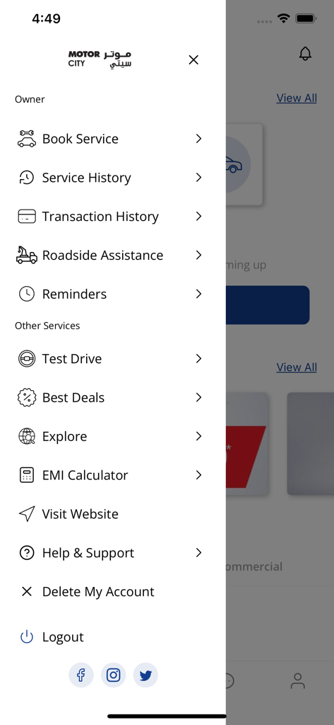 Motor City Bahrain - Seitennavigationsmenü der mobilen Motor City Bahrain App mit Funktionen für Fahrzeugservice und Eigentümerverwaltung