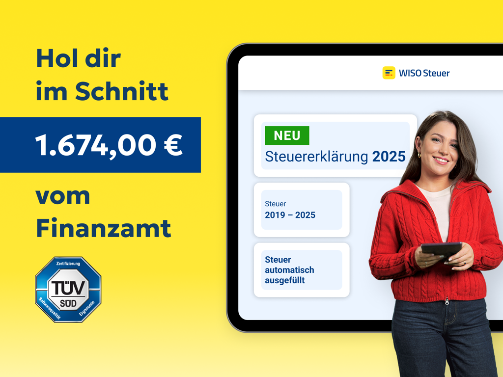 WISO Steuer tablet app interface showing an average tax refund of 1674 euros and options for the 2025 tax return