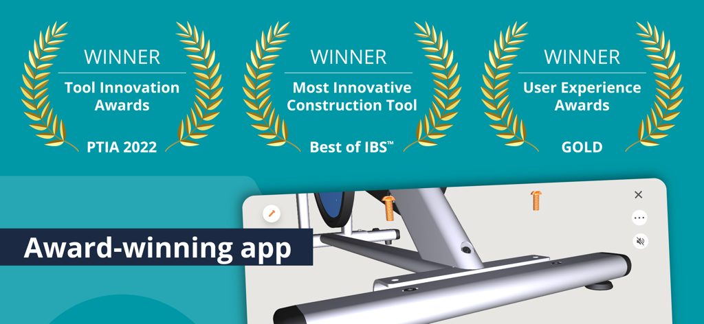 BILT app display showcasing industry awards for innovation and user experience alongside a 3D assembly instruction interface.