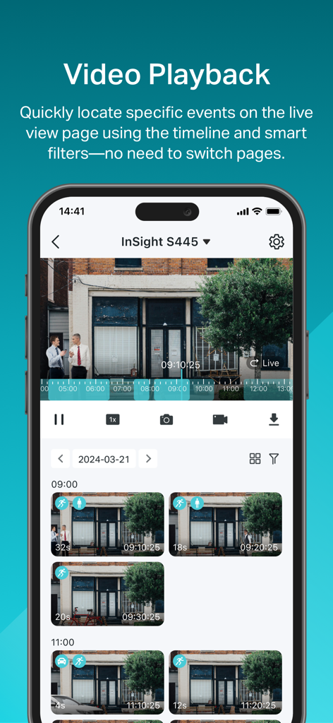 TP-Link VIGI - TP-Link VIGI app video playback interface showing a security camera feed timeline and smart event filters