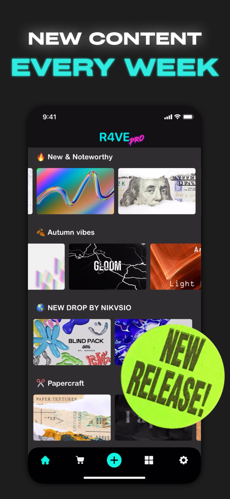 aesthetic photo editor - R4VE - A smartphone screen showing the R4VE PRO app interface with various aesthetic design asset categories like Autumn vibes and Papercraft, featuring a New Release sticker.