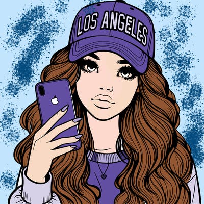 realistic beautiful girl wearing los ángeles cap holding an iphone