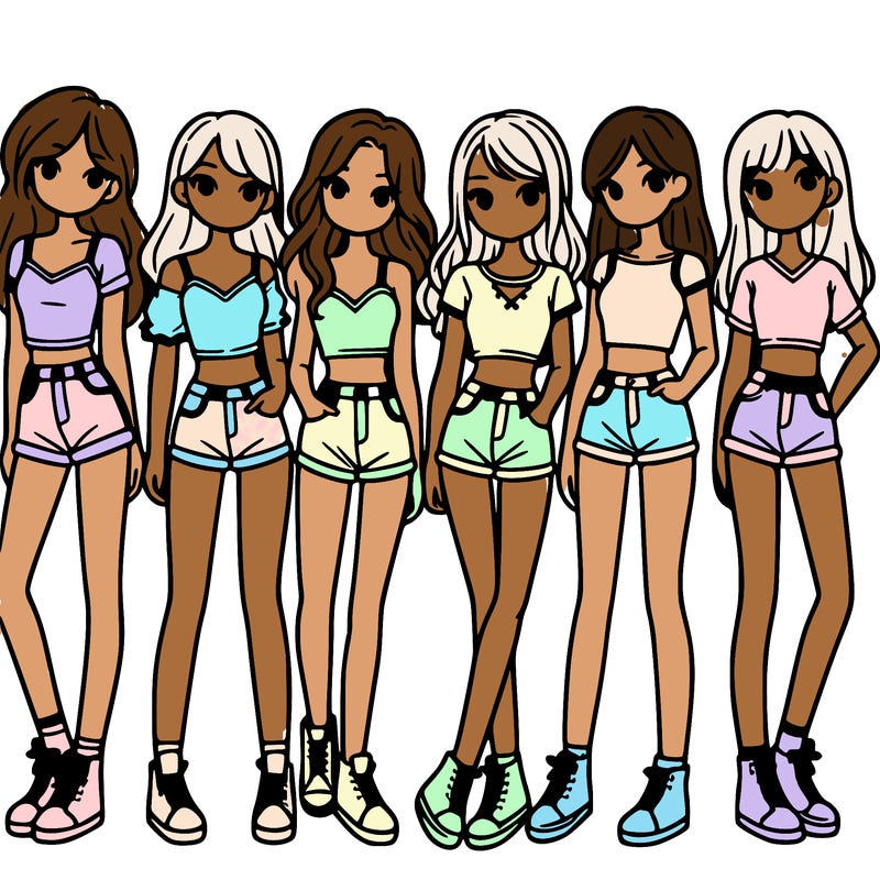 a group of girls wearing crop tops and shorts