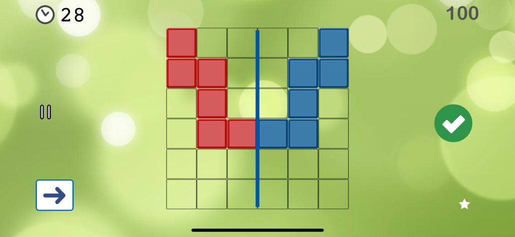 Tela de um jogo de quebra-cabeça de simetria da matemática do aplicativo Math Champions mostrando uma grade com blocos vermelhos e azuis espelhados