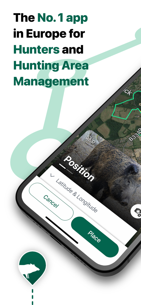 MyHunt mobile app interface showing wild boar positioning and hunting area mapping features