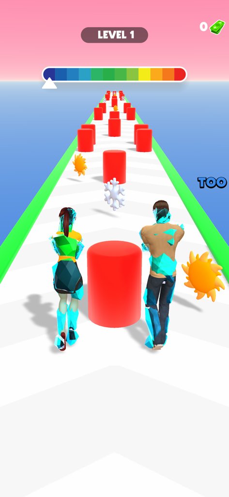 2人のキャラクターがトラックを走っており、氷のエフェクトと上部に温度バーが表示されています