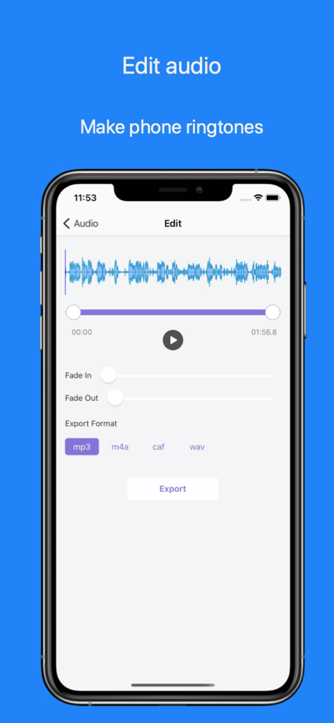 Audio Editor - Mp3 Converter - App screen for editing audio tracks with waveform visualization and export formats like mp3 and wav