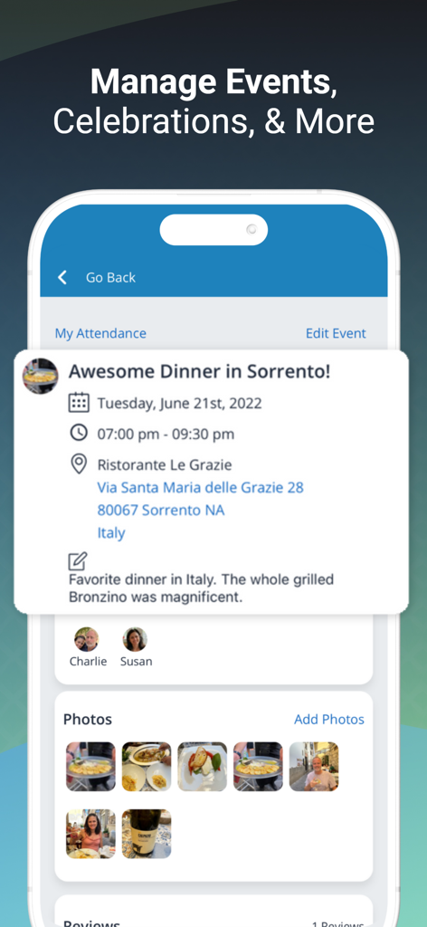 Interface of the Podz app showing a detailed view for a group dinner event with a shared photo gallery and participant icons
