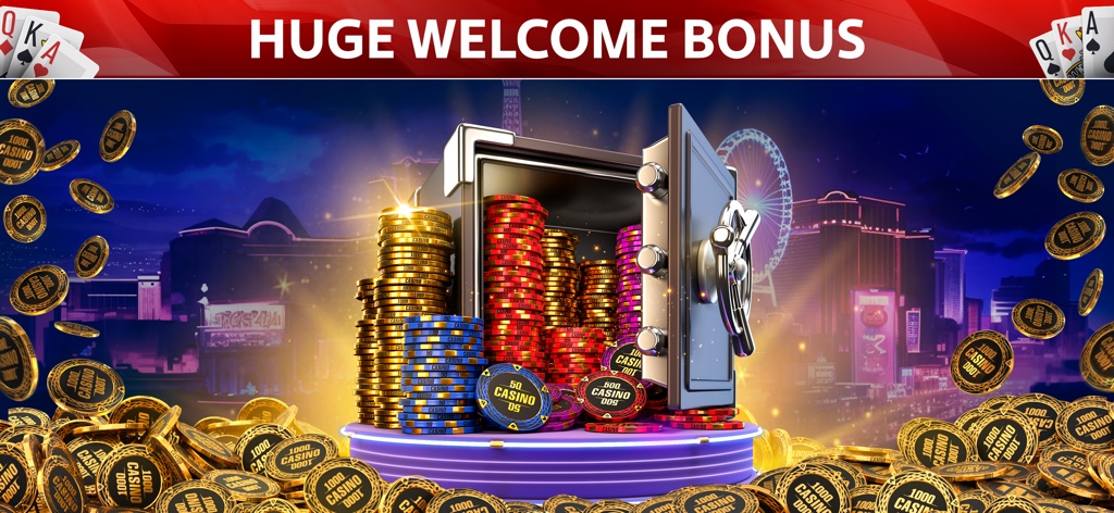 Set Poker welcome bonus banner featuring a safe overflowing with casino chips and gold coins