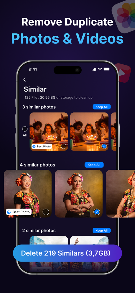 Interface of Cleanup Guru showing the similar photo cleaner feature with a button to delete duplicates and free up storage space