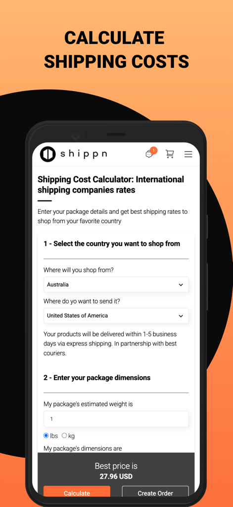 Shippn - Worldwide Shop & Ship - Shippn mobile app interface showing an international shipping cost calculator for packages from Australia to the USA.