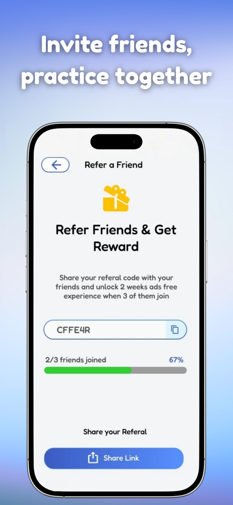 Go Practice Music - Tela de indicação do aplicativo Go Practice Music mostrando um código de indicação e uma barra de progresso para desbloquear uma recompensa sem anúncios.