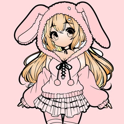 pretty anime girl wearing a fluffy hoodie with bunny ears on the hood and a skirt