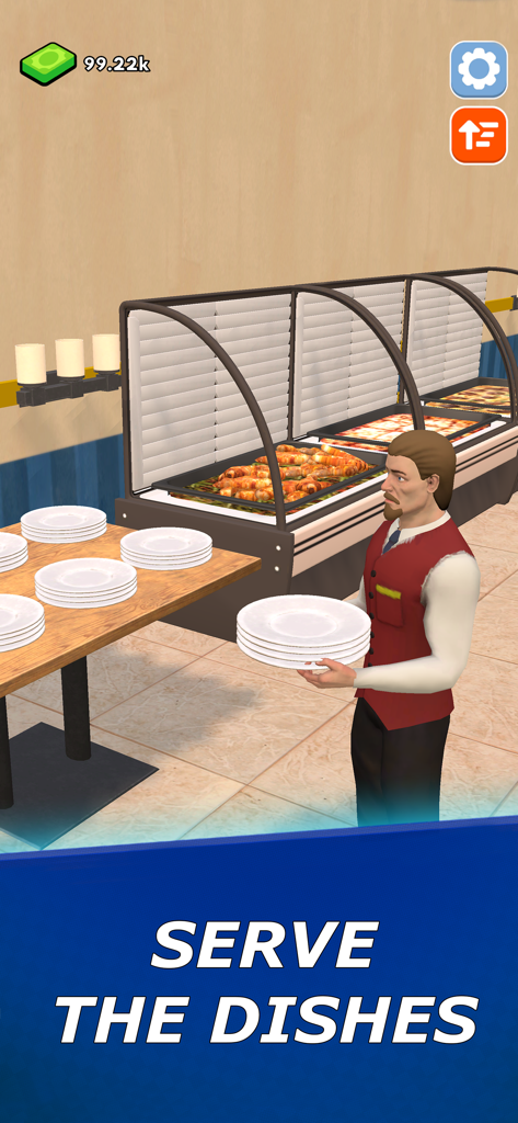 Hotel Manager: Resort Empire - A hotel staff character carrying a stack of plates near a buffet station in the Hotel Manager game