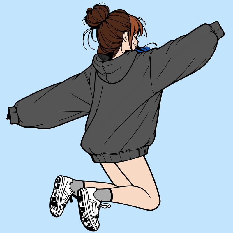 realistic girl jumping with a bun and oversized sweatshirt