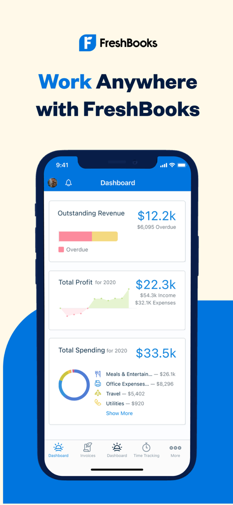 FreshBooks app dashboard displaying outstanding revenue total profit and business spending charts