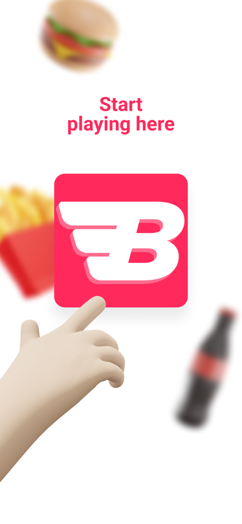 Il logo dell'app Bereka Merchant con icone di cibo fluttuanti e una mano che indica l'avvio