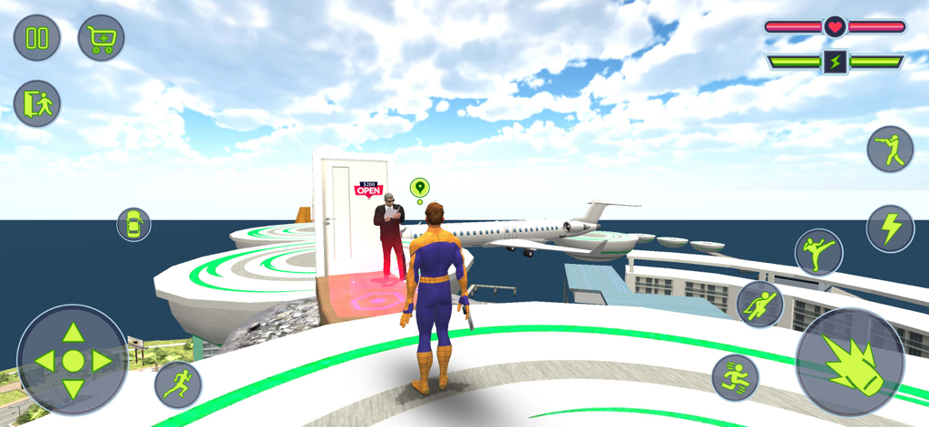 Spider Superhero Open World 3D - 紫と黄色のスーツを着たヒーローキャラクターが、飛行機が空にあるオープンワールド環境の高台に立っている。