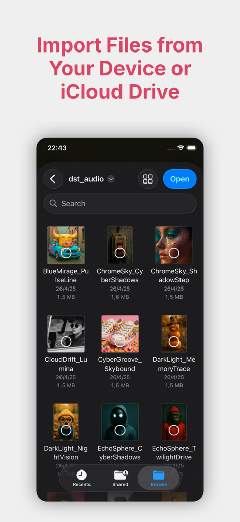 Interface do aplicativo Evermusic Pro mostrando o navegador de arquivos para importar arquivos de áudio de um dispositivo ou iCloud Drive.