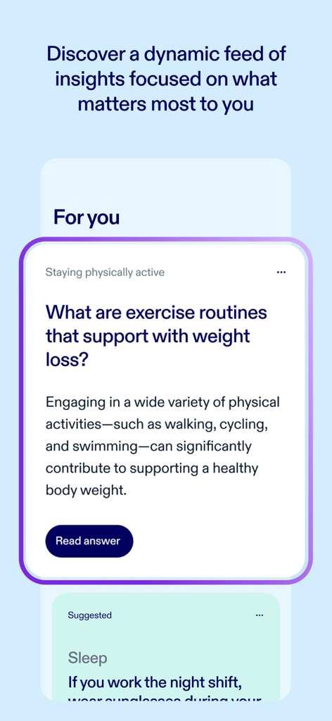 Health Answers by Pfizer - Screenshot of the Health Answers by Pfizer app showing a personalized For You feed with health insights on exercise and sleep