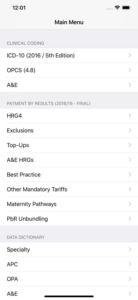 UK Health Reference - Main menu of the UK Health Reference app showing NHS clinical coding and payment by results categories
