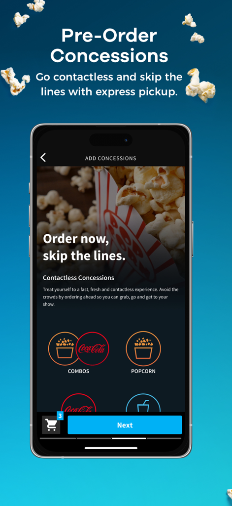 Smartphone screen showing the Atom Tickets app feature to preorder movie snacks and popcorn.