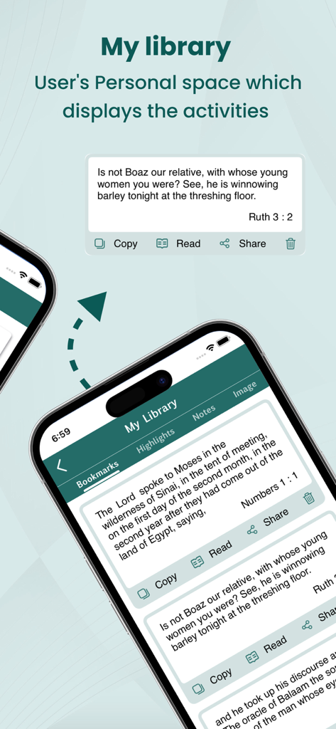Catholic Bible app My Library section showing bookmarked verses and study highlights