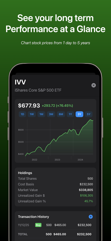 My Pocket Portfolio - Mobile app screen showing a three year price chart and investment holdings for the iShares Core S&P 500 ETF