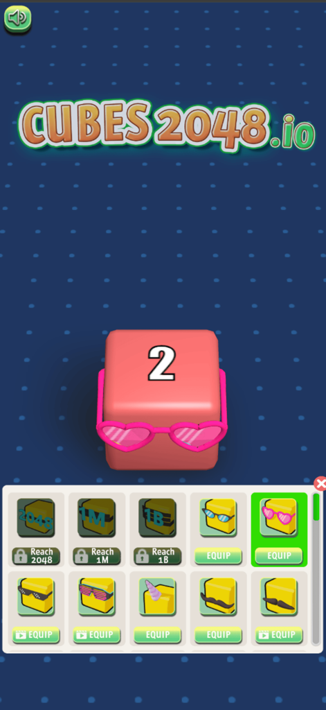 Cubes 2048.io - Menú del juego Cubes 2048.io mostrando un cubo rosa con gafas de sol con forma de corazón y una selección de otros aspectos cosméticos