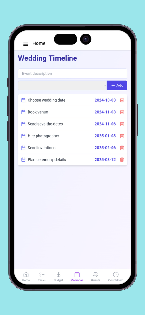 A mobile app interface displaying a wedding planning timeline with a list of tasks and their scheduled dates.