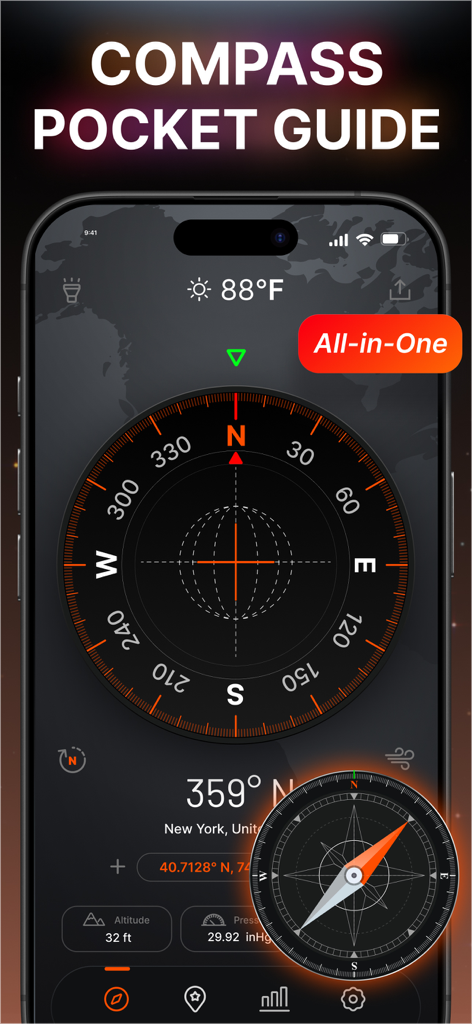 Interfaz de una aplicación de brújula y navegación digital en la pantalla de un iPhone que muestra coordenadas y el clima