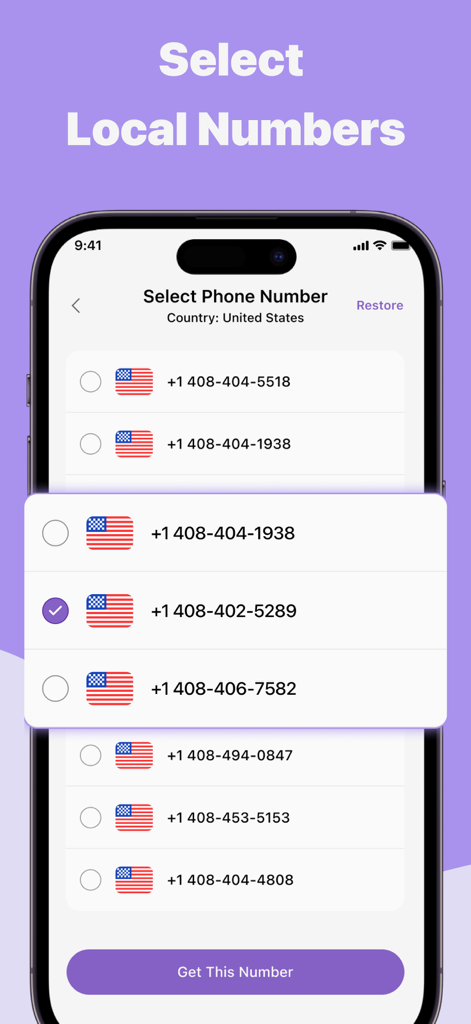 Second Phone Number | 2nd Line - Interface mostrando uma lista de números de telefone locais dos EUA disponíveis para escolher para uma segunda linha telefônica