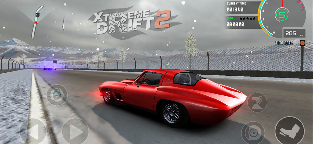 Red classic sports car drifting on a snowy mountain racetrack in Xtreme Drift 2